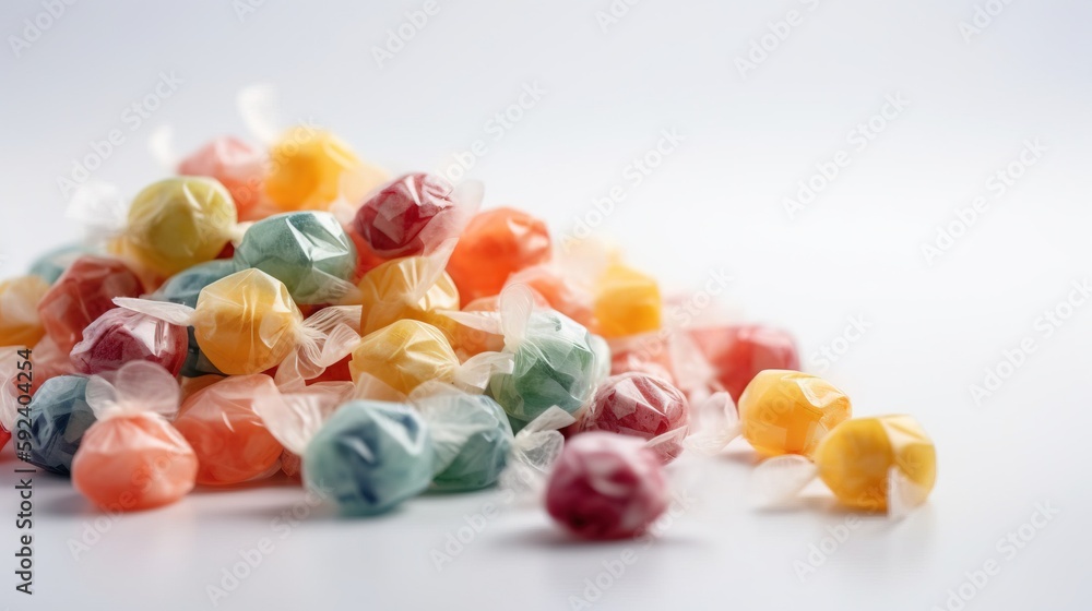 Poster a pile of assorted colored candies on a white surface with a reflection of the candies on the table 