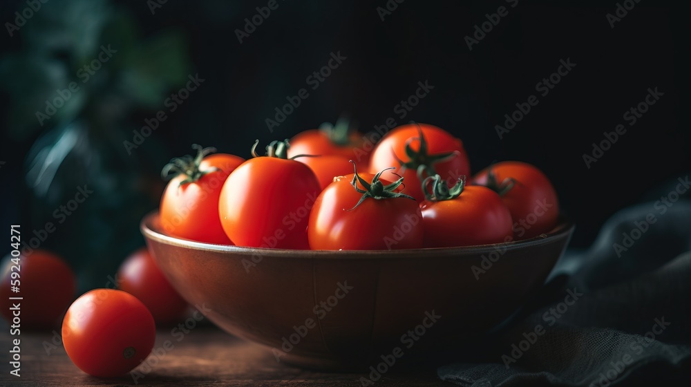 Poster a bowl of tomatoes on a table with a cloth on the side of the bowl and a bunch of tomatoes in front 