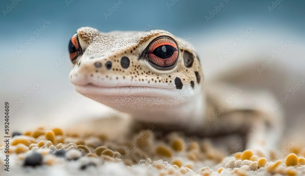 Poster a close up of a frog on a beach with sand and seaweed in the foreground and a blurry background of t