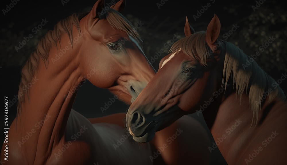 Poster a couple of brown horses standing next to each other on a dark background with trees in the backgrou