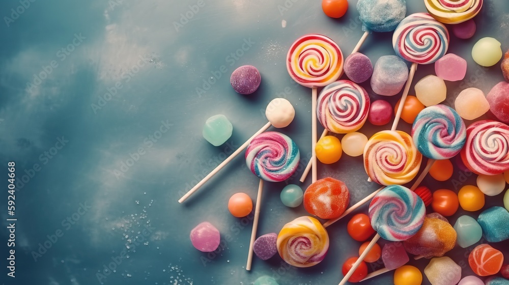 Poster a pile of colorful lollipops sitting on top of each other on a blue table top with clouds in the sky