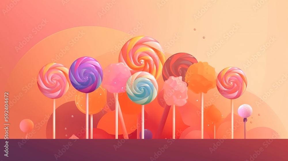 Poster a group of lollipops sitting on top of each other on top of a table next to each other on a pink and