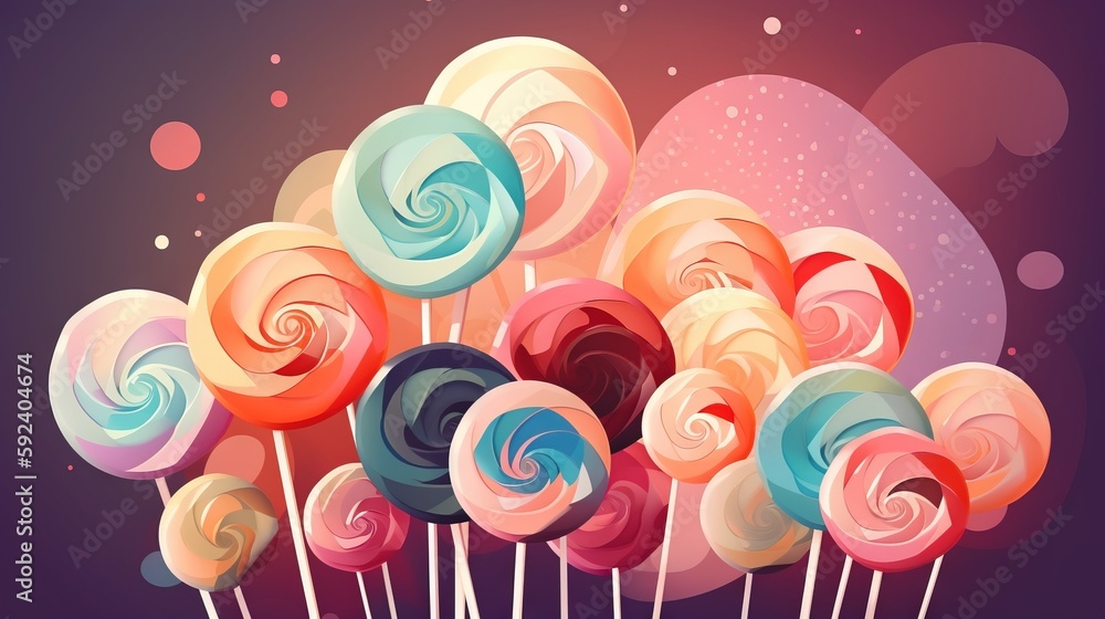 Poster a bunch of lollipops on a stick with swirly lollipops in the middle of the lollipops. generative ai