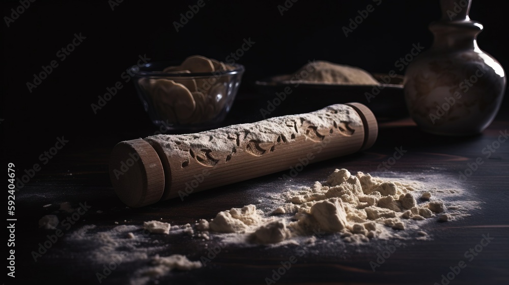 Poster a rolling pin with some flour on a table next to a bowl of flour and a glass bowl of flour on a tabl