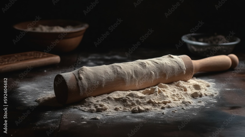 Poster a rolling pin on a table with flour and a bowl of flour in the backgrouf of the image and a rolling 
