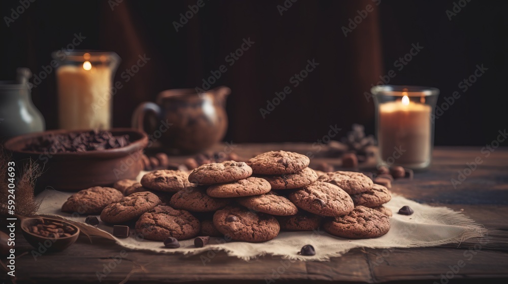 Poster a pile of cookies sitting on top of a table next to a glass of milk and a candle on a tablecloth wit