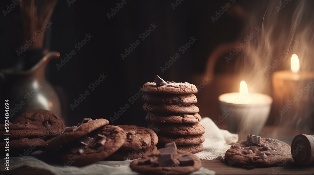 Poster a stack of cookies sitting on top of a table next to a lit candle and a glass of milk on a tableclot
