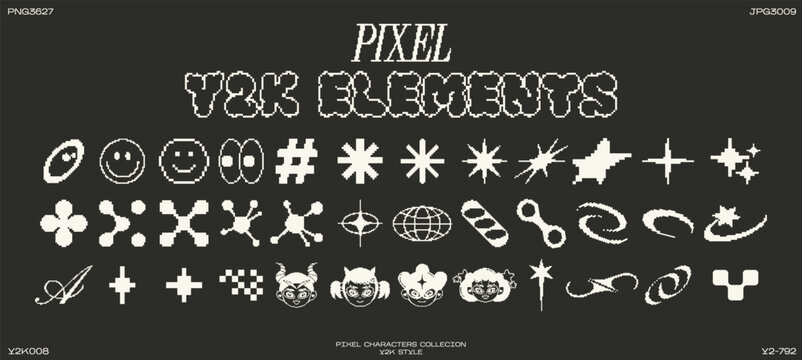 Retro futuristic elements for design. Big collection of abstract graphic pixel geometric symbols and objects in y2k style. Templates for notes, posters, banners, stickers, business cards, logo