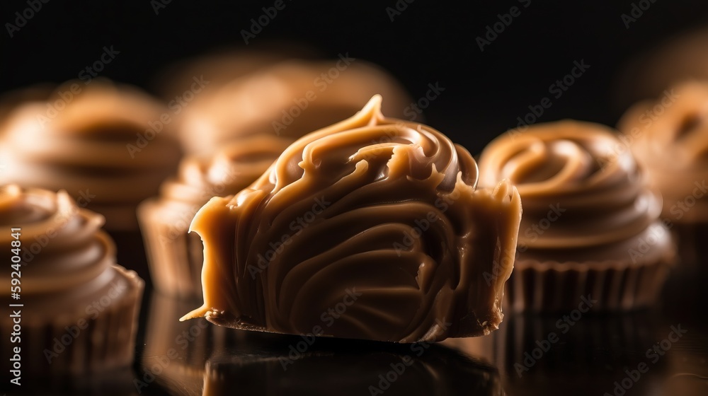 Poster a close up of a chocolate cupcake with frosting on it's top and a few other cupcakes in the backgrou