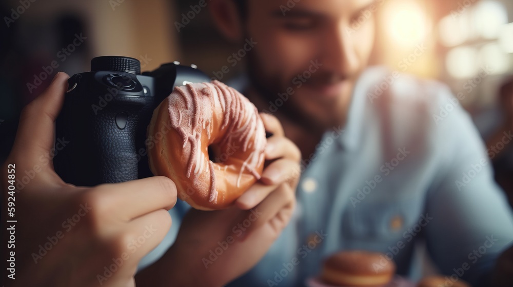 Poster  a man taking a picture of a doughnut with a camera in his hand and taking a picture of it with a camera in his hand.  generative ai