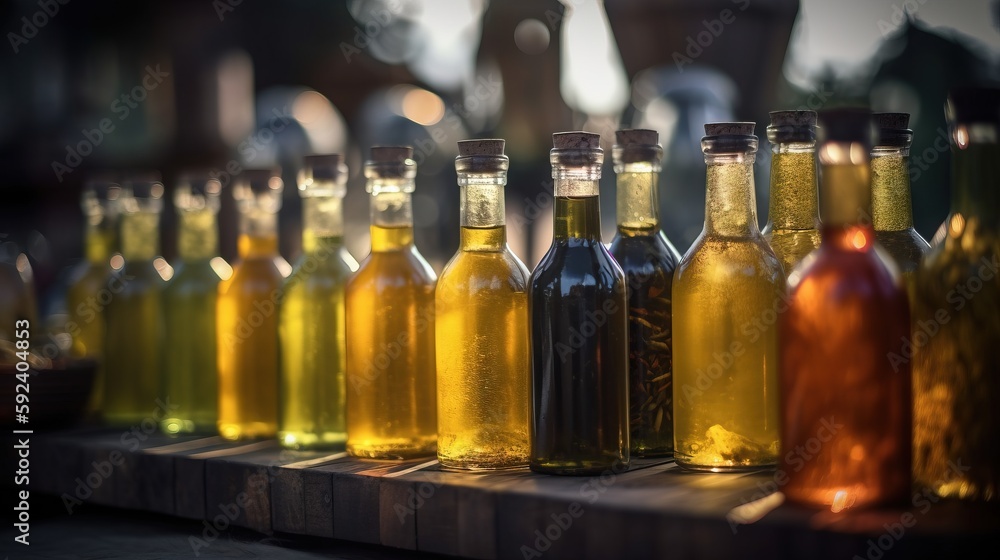 Aufkleber a row of bottles filled with liquid sitting on top of a wooden table next to each other on top of a 