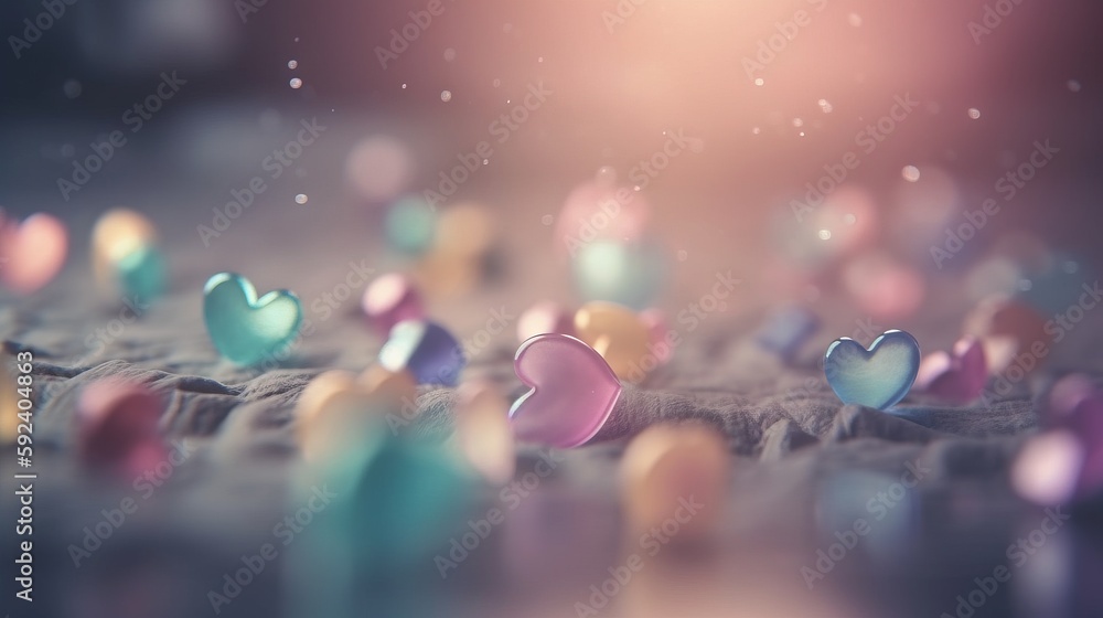 Poster a bunch of small hearts sitting on a table top with a blurry background of them in the middle of the