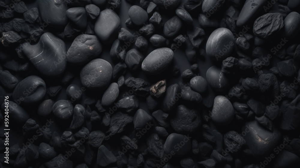 Poster a bunch of rocks that are black and grey in color and texture, with a few small rocks in the middle 