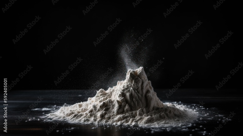 Poster a pile of flour on a black background with a splash of flour on top of it and a black background wit