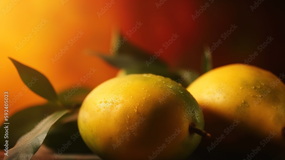 Poster a close up of two lemons with leaves on a table with a red background and a yellow light in the back