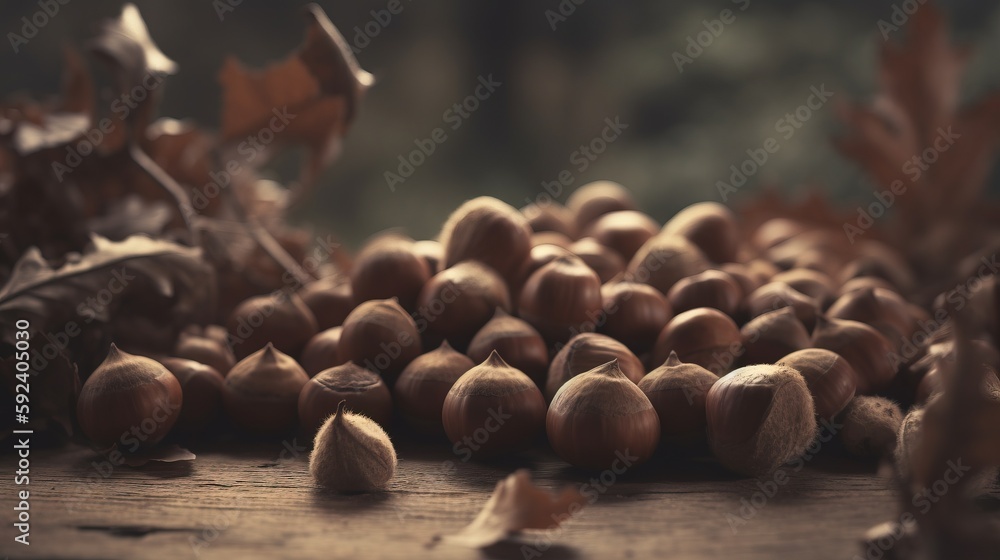Poster a pile of nuts sitting on top of a wooden table next to leaves and a leafy tree branch in the backgr