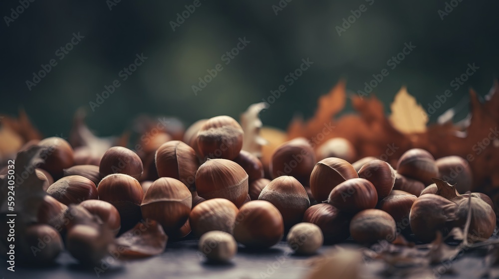 Aufkleber a pile of nuts sitting on top of a table next to a pile of leaves and a pile of nuts on top of a tab
