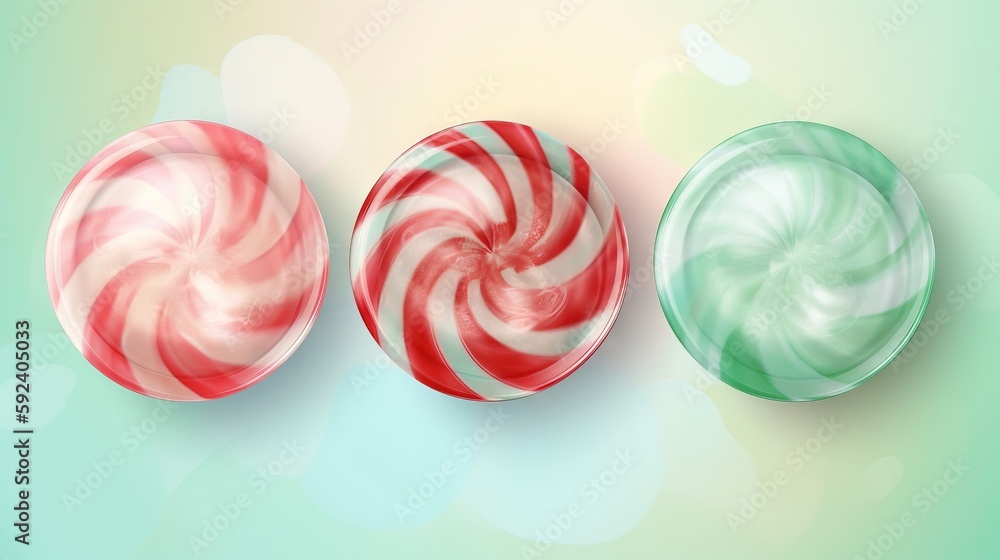 Poster three lollipops on a green and blue background with a blurry effect to the top of the image and bott