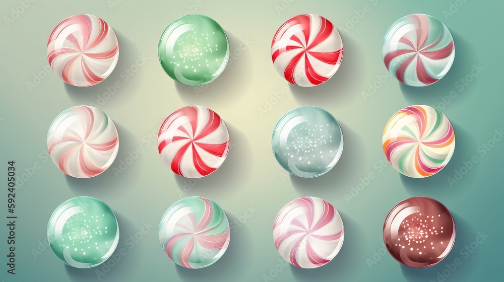 Aufkleber a set of six different colored candies on a blue background with a long shadow in the middle of the 