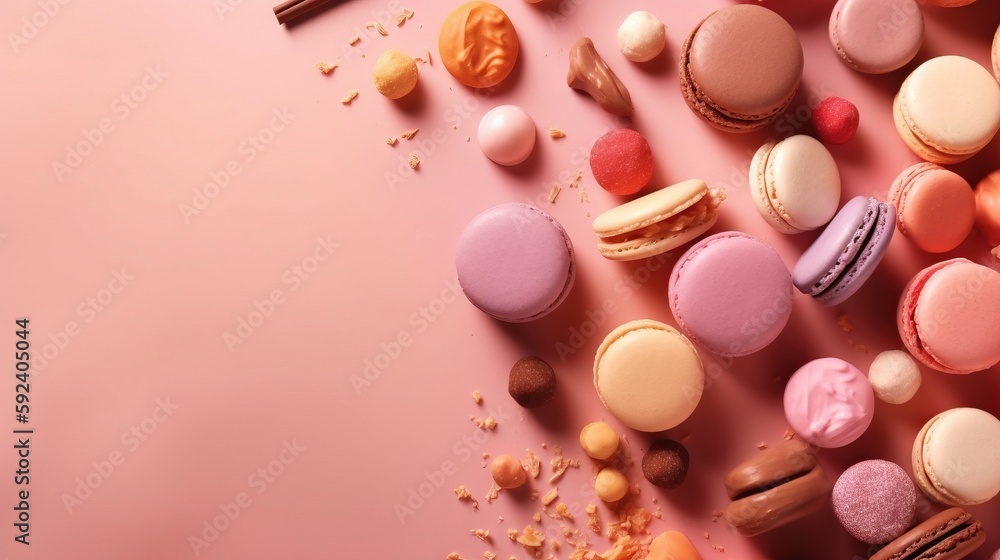 Poster a pink background with macaroons and macaroni and cheese on top of each other and macaroni and chees