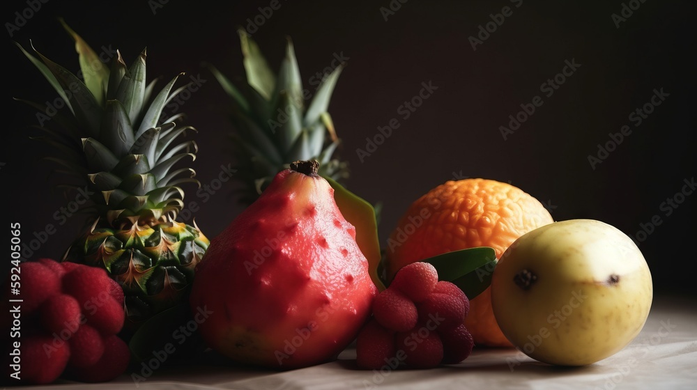Poster a table topped with a pile of fruit next to a pineapple and a banana on top of a tablecloth covered 