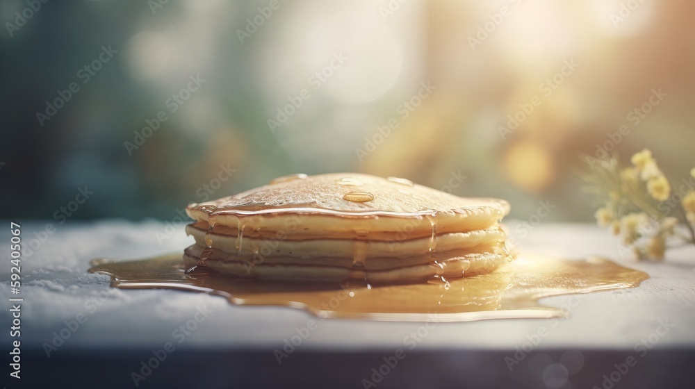 Poster a stack of pancakes sitting on top of a table covered in syrup and syrup syrup is pouring down the s