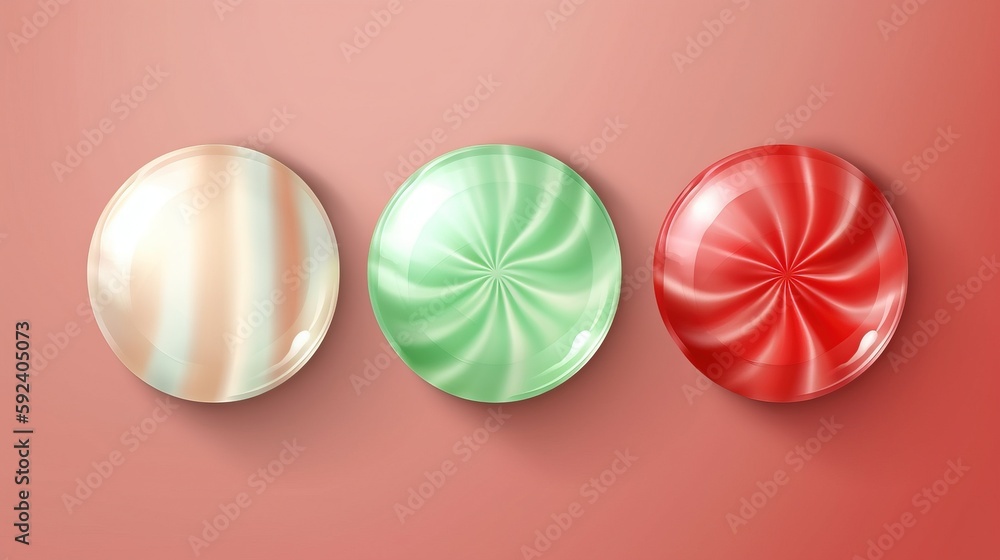 Poster three different colored candies on a pink background with a red and white background and a green and