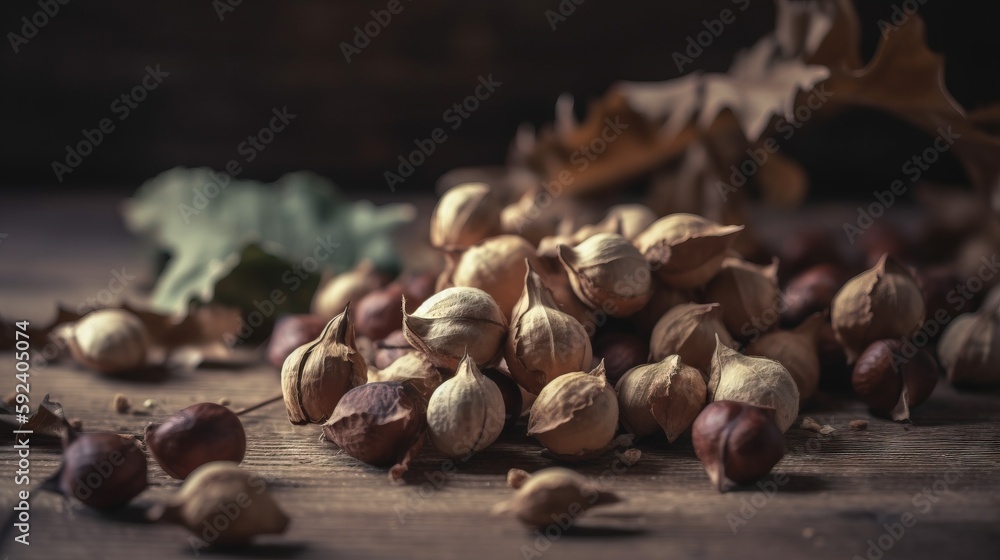 Poster a pile of nuts sitting on top of a wooden table next to leaves and a leafy branch of a tree in the b