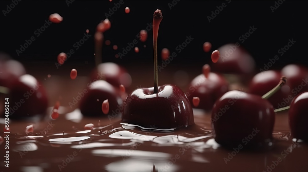 Poster a group of cherries falling into a puddle of chocolate liquid on a table top with drops of water on 