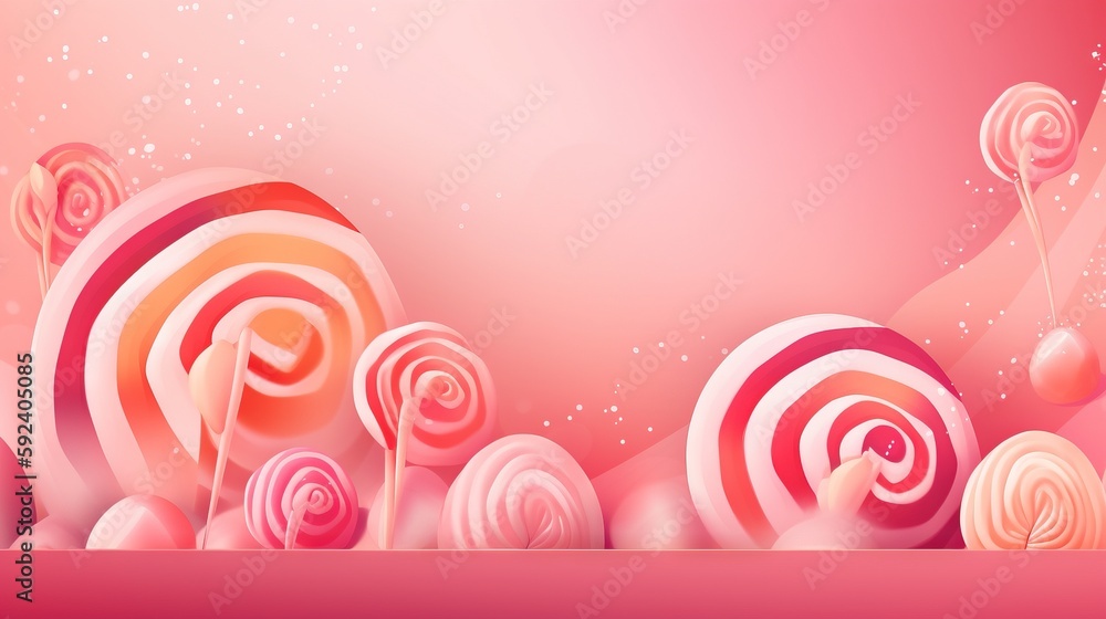 Poster a candy background with lollipops on a pink and pink background with stars and bubbles in the backgr