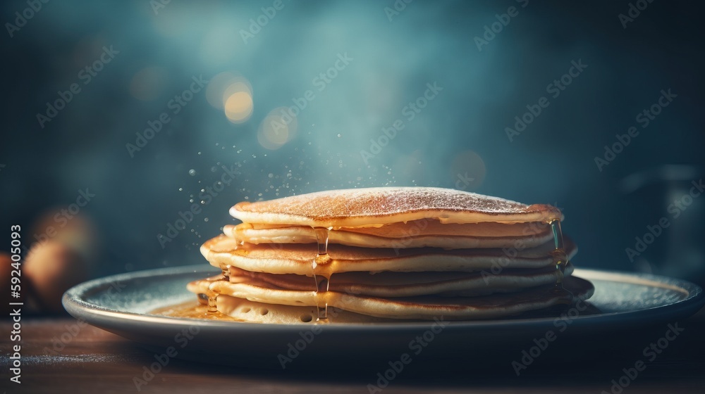 Poster  a stack of pancakes on a plate with syrup being poured on top of them with a blue background and a few eggs in the background.  generative ai