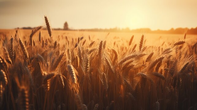  a field of ripe wheat at sunset with the sun in the distance and a few trees in the distance in the distance in the foreground.  generative ai