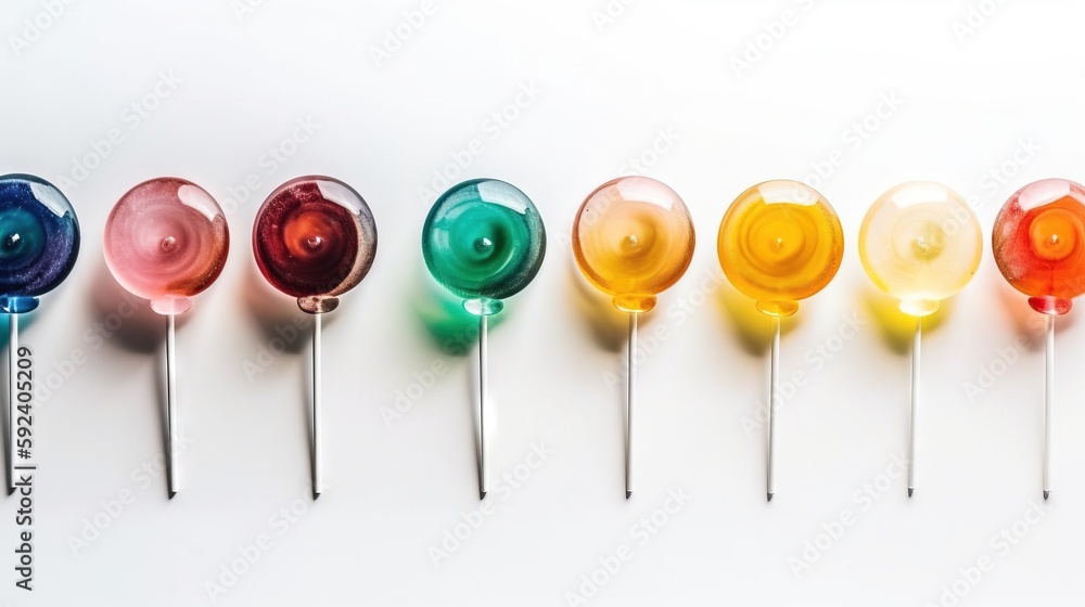 Poster a row of colorful lollipops sitting on top of a white table next to each other on top of each other 