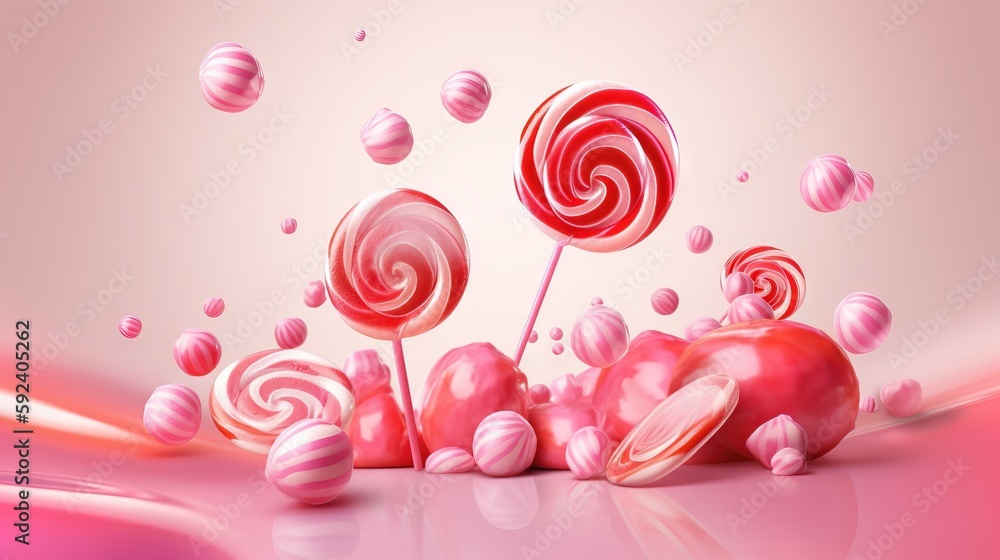 Poster a group of candy lollipops on a pink background with a pink swirl around them and a pink background 