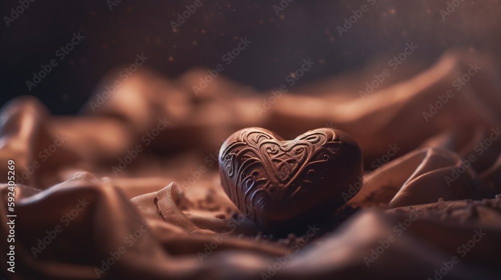 Poster a heart - shaped object is sitting on a cloth covered table cloth in the dark, with a blurry backgro