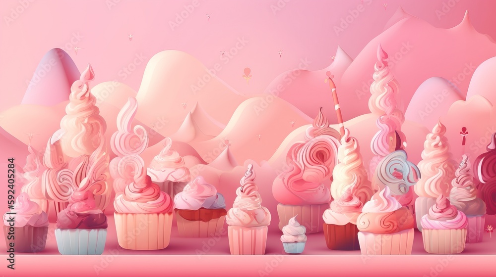 Poster a group of cupcakes with different toppings on top of them in front of a pink background with mounta