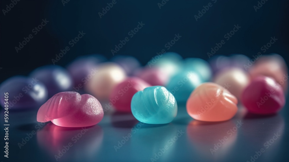 Poster a group of jelly candies sitting on top of a table next to a blue background with a black background