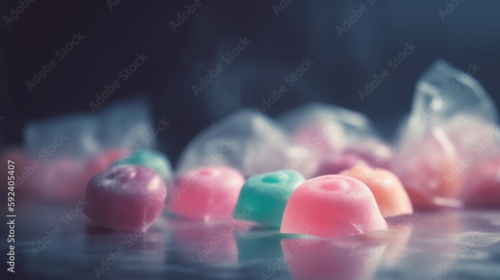 Poster a close up of a group of candy candies in a row on a table with smoke coming out of the top of the c