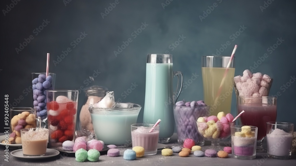 Poster a table topped with lots of different types of candies and milkshakes and a blender filled with milk
