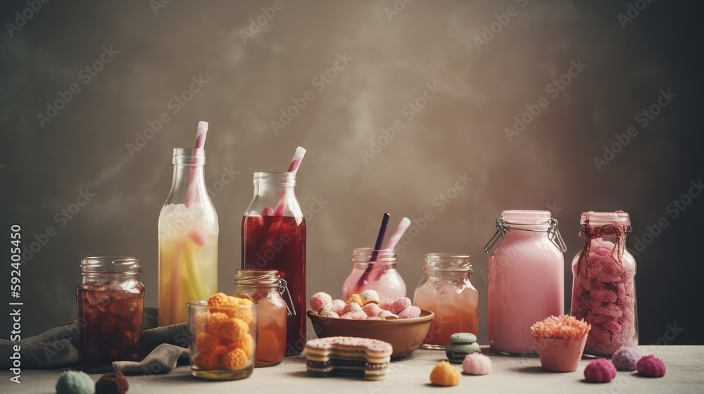 Poster a table topped with jars filled with different types of food and drinks next to each other on top of