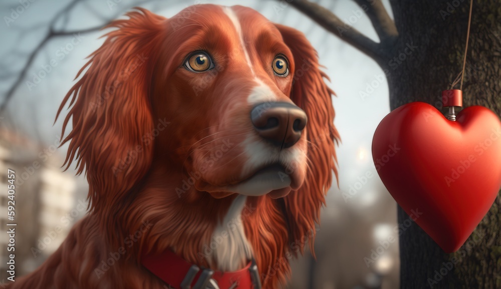 Poster a red dog with a red collar is next to a tree and a heart shaped ornament hanging from it's side of 
