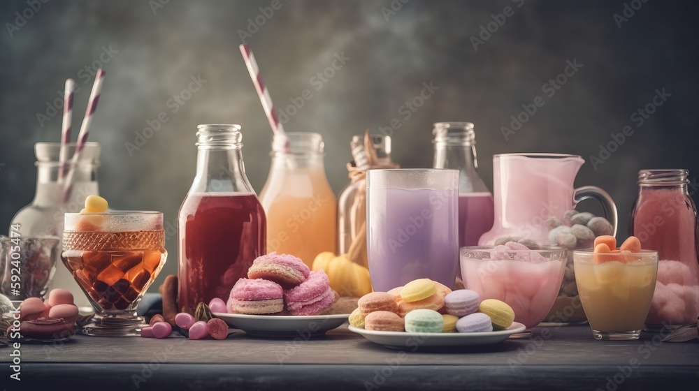 Poster a table topped with lots of different types of drinks and desserts next to bottles of liquid and a p