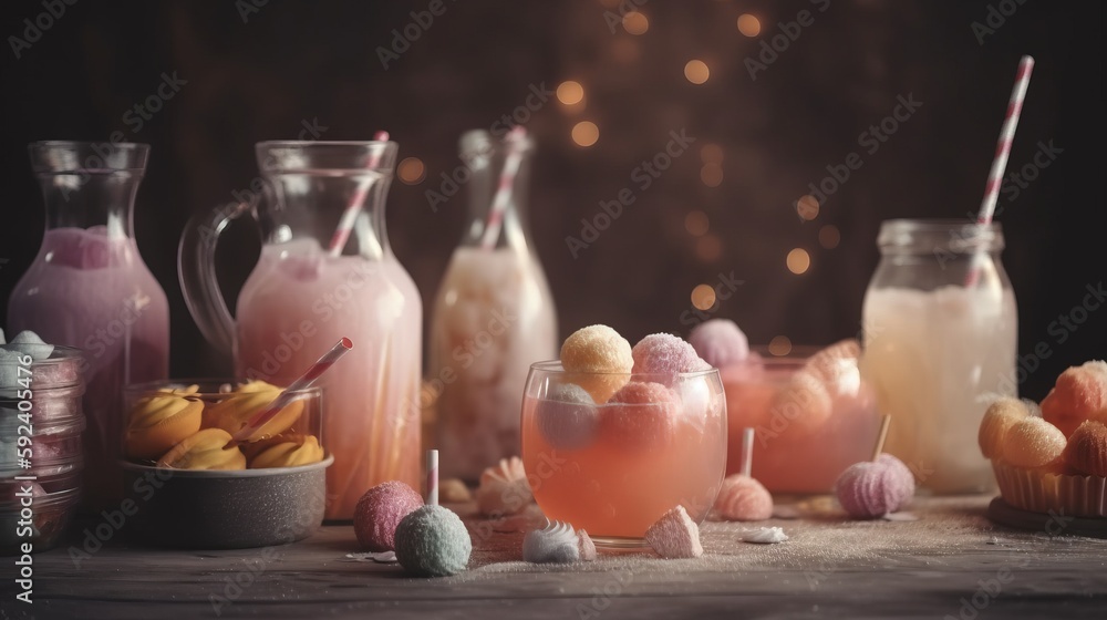Poster a table topped with lots of different types of drinks and desserts next to each other on top of a wo