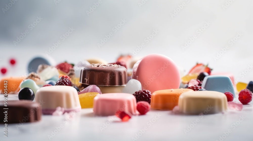 Poster  a table topped with lots of different colored candies and a cake on top of a table next to a cupcake on a plate.  generative ai