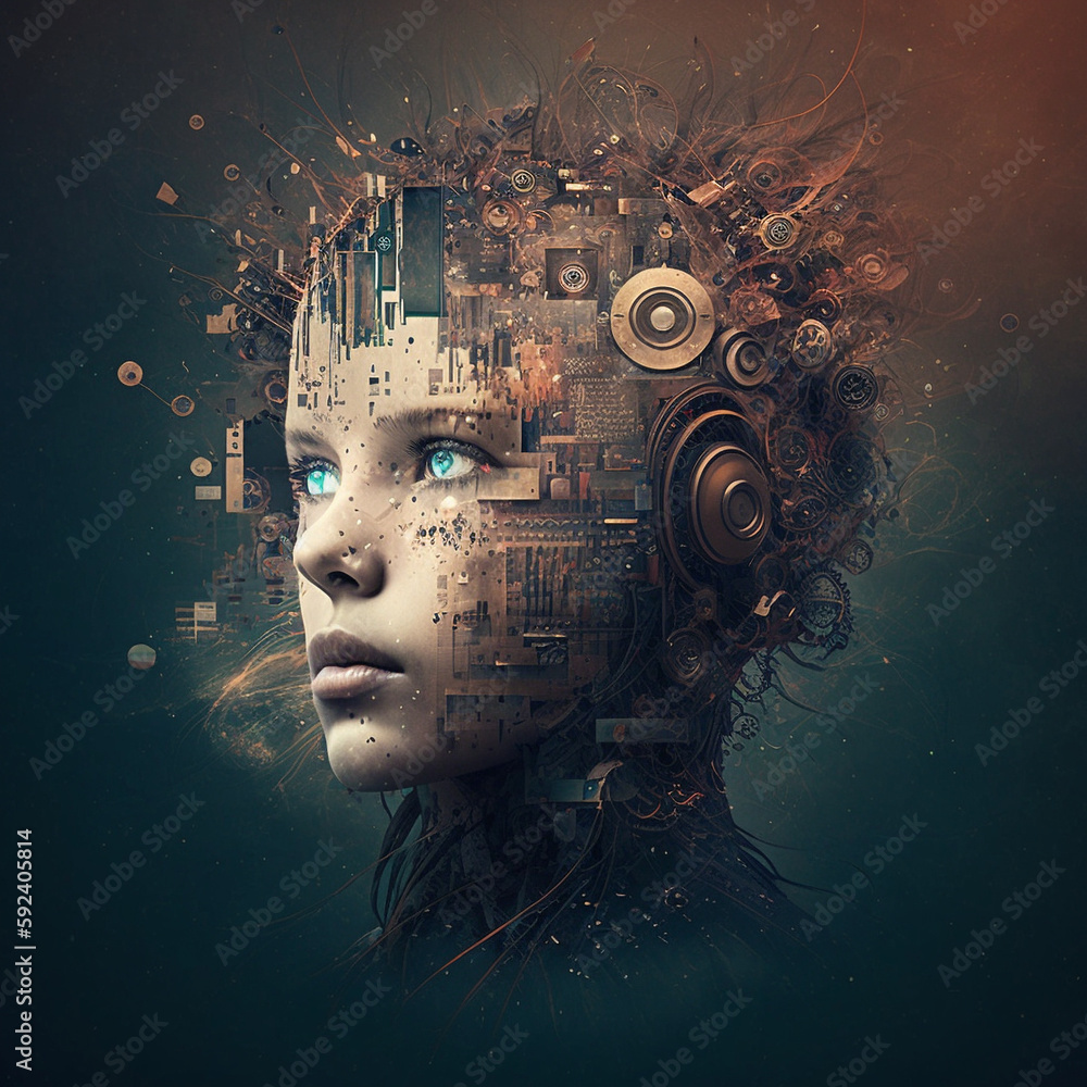 Poster artificial intelligence, cyber girl with a neural network . generative ai. high quality photo