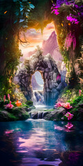 Stairway to a portal in a fantasy environment, waterfall and colorful plants, amazing cloudscape, ancient ruins, elven world - generative AI