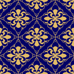 Fototapeta premium seamless tile pattern of abstract geometric gold elements on a blue background, texture, design