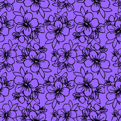seamless pattern of black contours of flowers on a blue background, texture, design