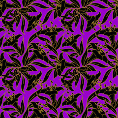 Fototapeta na wymiar seamless pattern of large black flowers with a golden outline on a purple background, texture, design