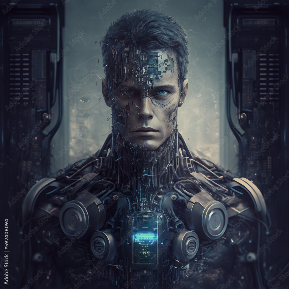 Poster artificial intelligence, cyber face with a neural network . generative ai. high quality photo. high 